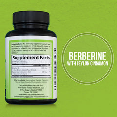 Berberine and cinnamon capsules close-up highlighting 1200mg berberine per serving