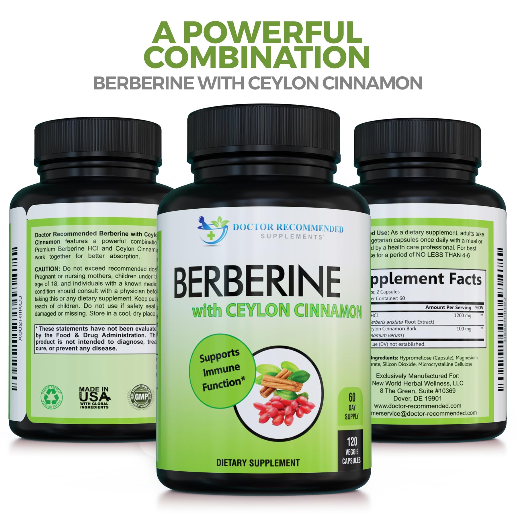 Front-facing packaging of Berberine with Cinnamon emphasizing natural ingredients
