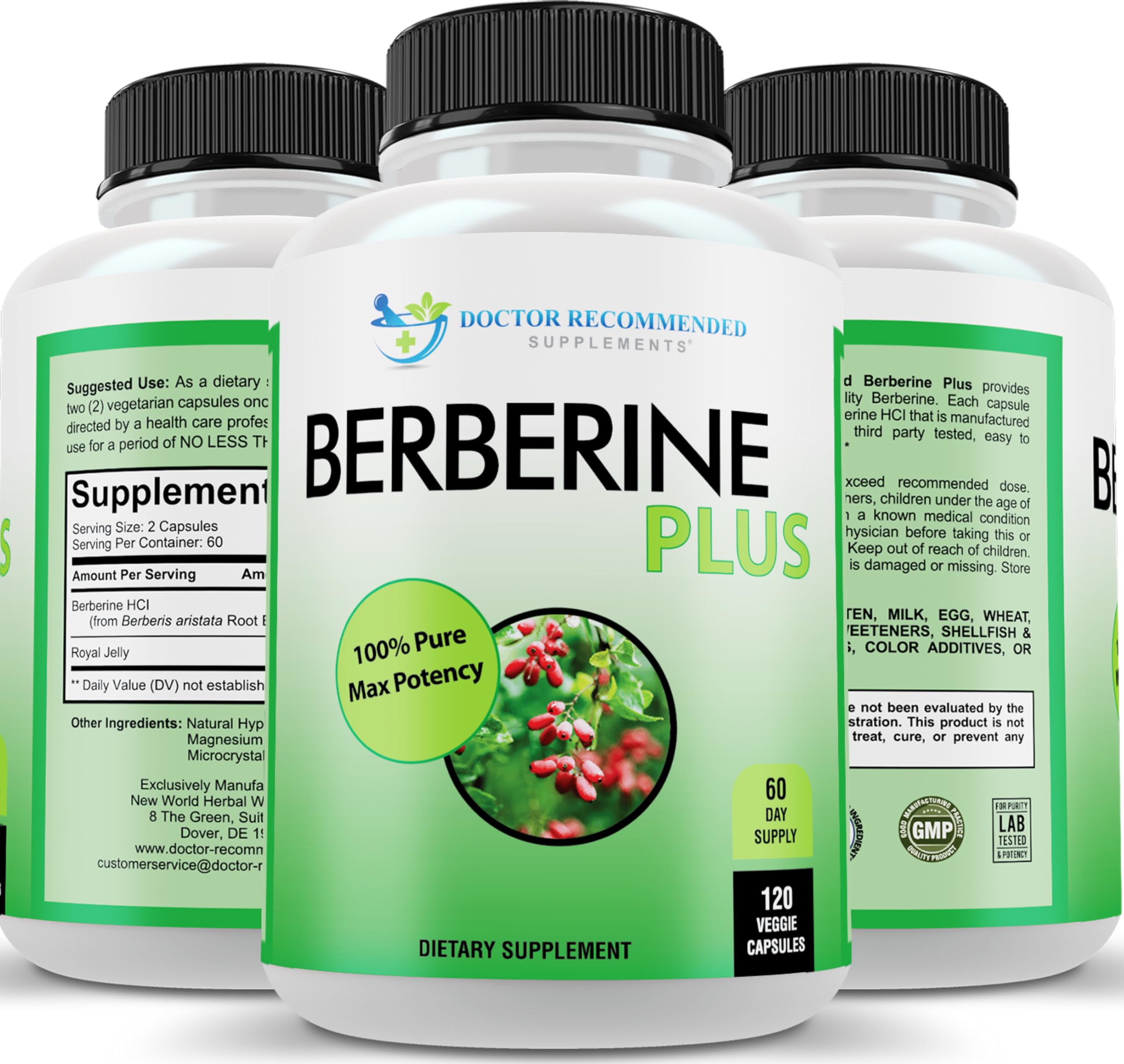 DOCTOR RECOMMENDED SUPPLEMENTS Berberine Plus bottle front shows 1200 mg potency for daily wellness