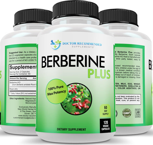 DOCTOR RECOMMENDED SUPPLEMENTS Berberine Plus bottle front shows 1200 mg potency for daily wellness