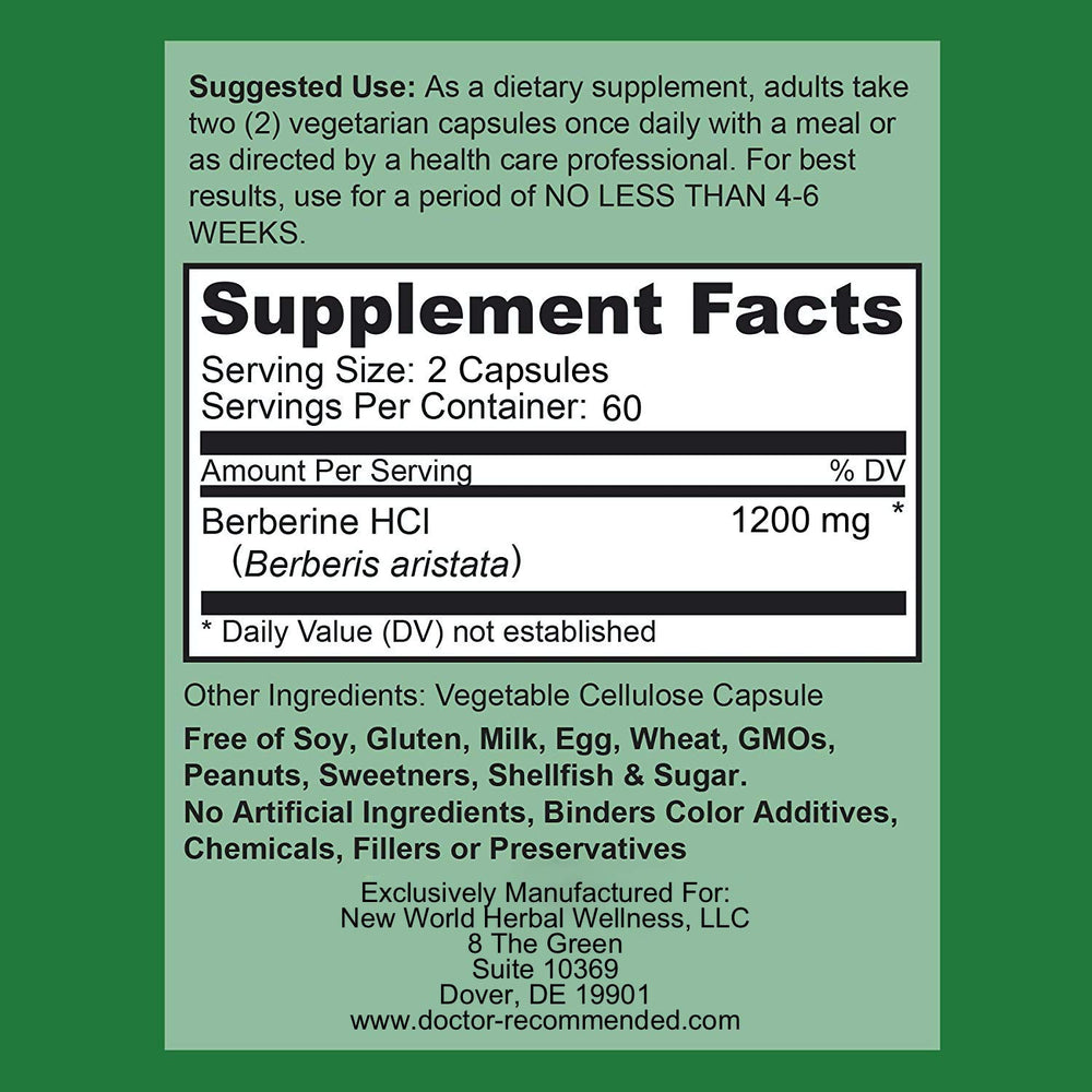 DOCTOR RECOMMENDED SUPPLEMENTS Berberine Plus label view highlights pure berberine HCl formula.