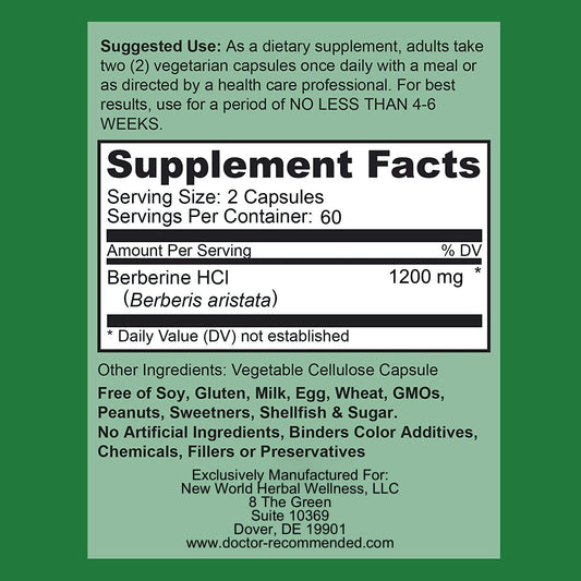 DOCTOR RECOMMENDED SUPPLEMENTS Berberine Plus label view highlights pure berberine HCl formula.