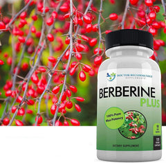 DOCTOR RECOMMENDED SUPPLEMENTS Berberine Plus pack display shows 2-count bottle and generous serving.