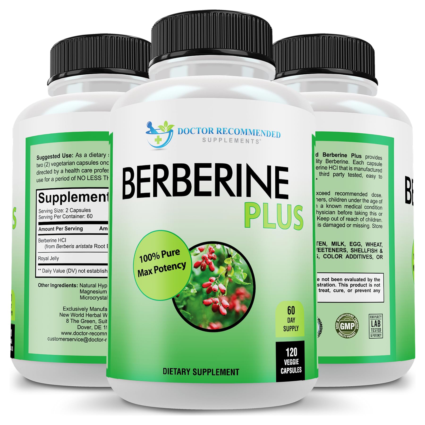 DOCTOR RECOMMENDED SUPPLEMENTS Berberine Plus packaging conveys third-party tested, allergen-free formulation
