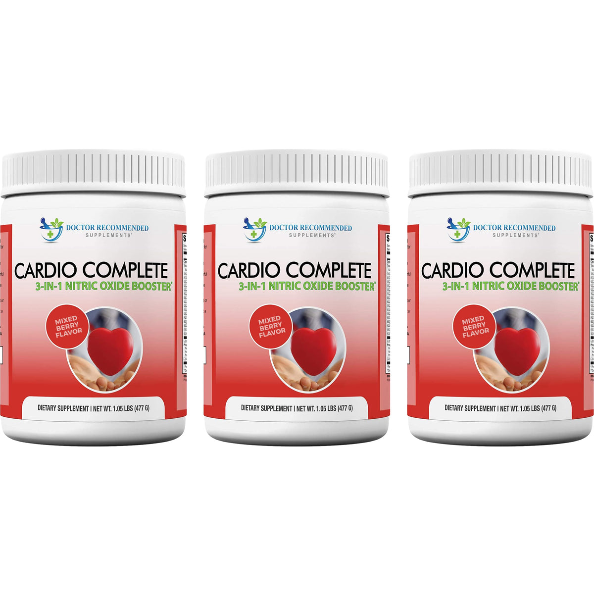 Cardio Complete bottle front with brand and berry-flavored formula.