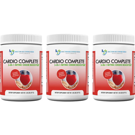 Cardio Complete bottle front with brand and berry-flavored formula.