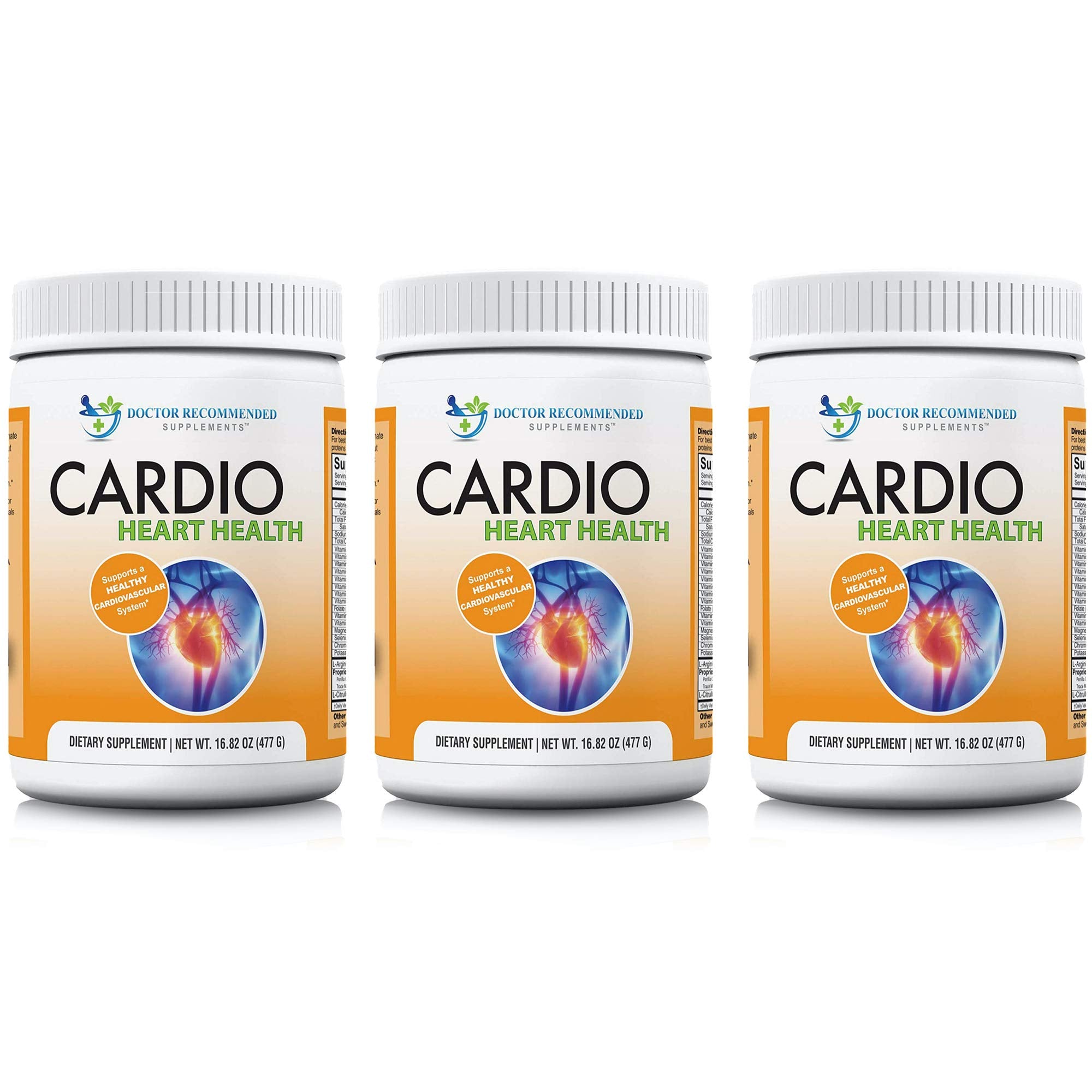 DOCTOR RECOMMENDED SUPPLEMENTS Cardio Heart Health powder bottle showing circulation support with L-Arginine and L-Citrulline.