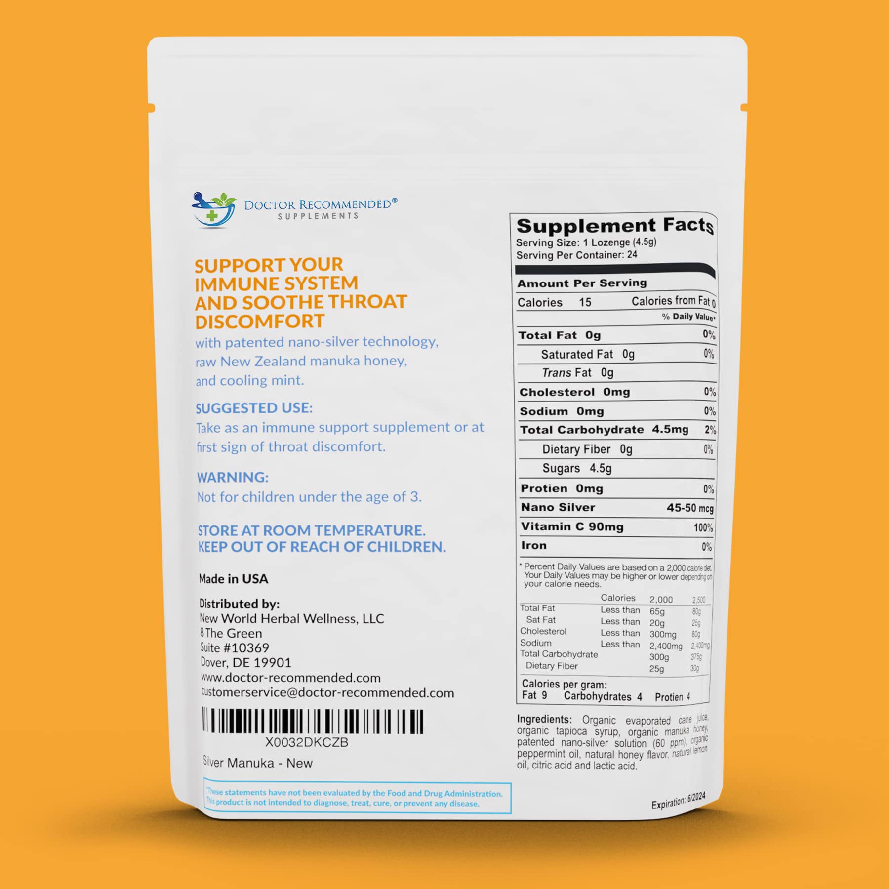 Doctor Recommended Supplements nano silver 60 PPM label close-up.