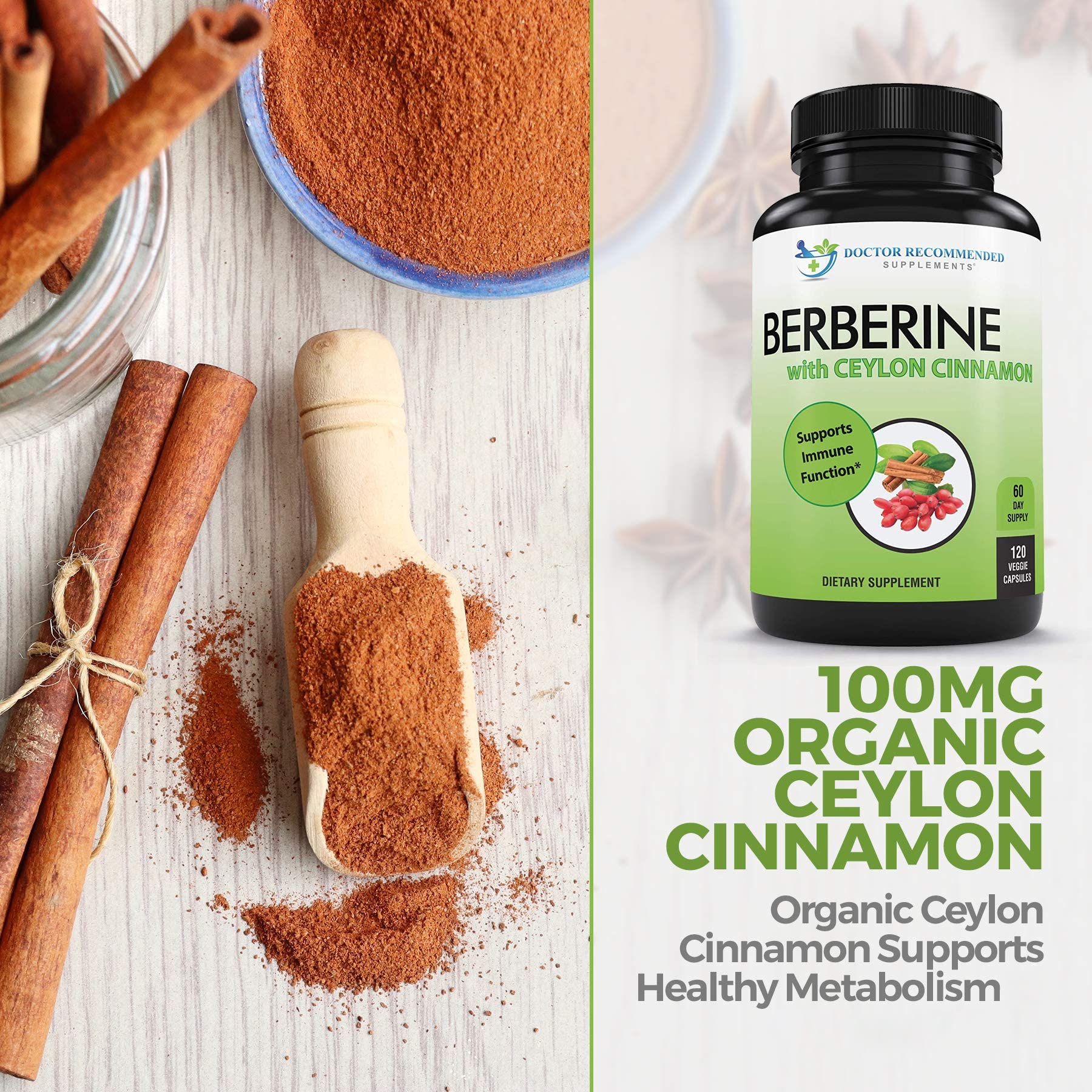DOCTOR RECOMMENDED SUPPLEMENTS Organic Ceylon Cinnamon bottle emphasizes organic sourcing