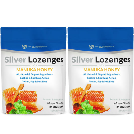 Doctor Recommended Supplements silver lozenges with Manuka honey; travel-ready for throat soothing.