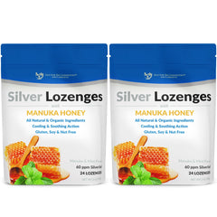 Doctor Recommended Supplements silver lozenges with Manuka honey; travel-ready for throat soothing.