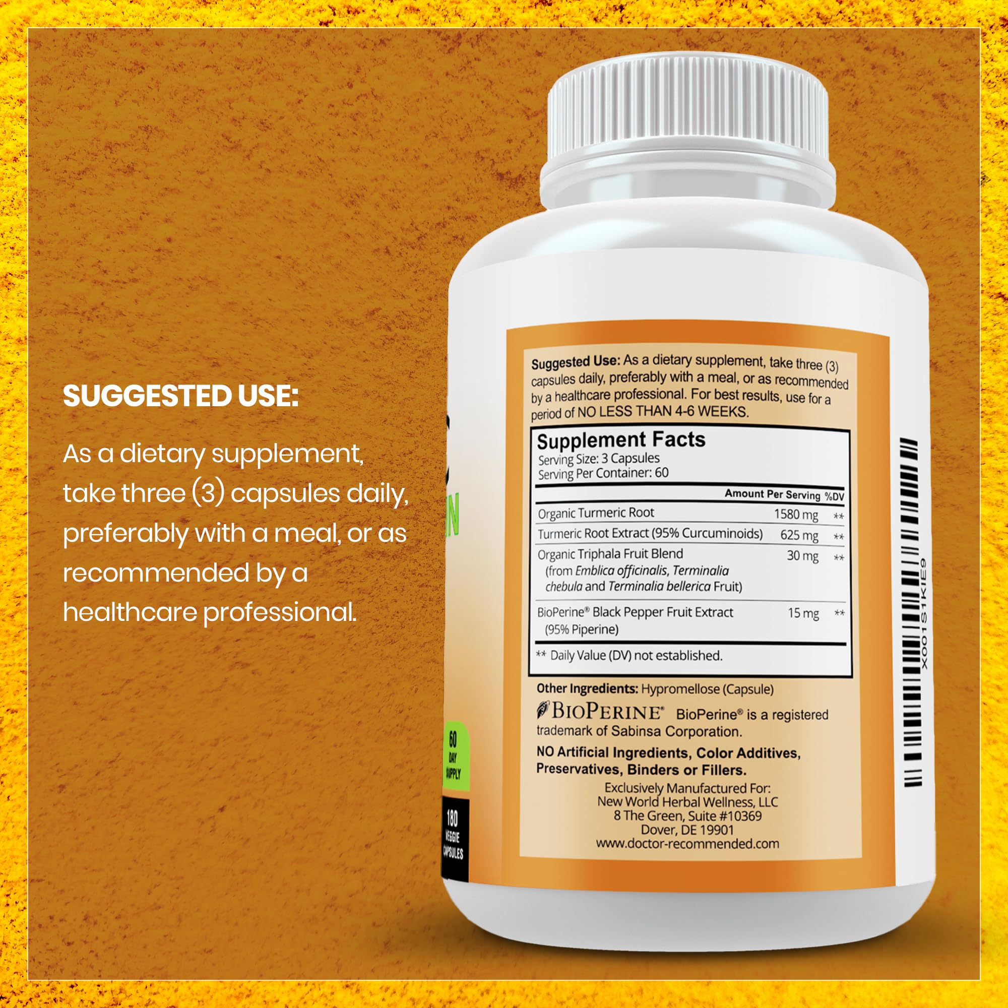 DOCTOR RECOMMENDED SUPPLEMENTS Turmeric bottle back view with ingredients