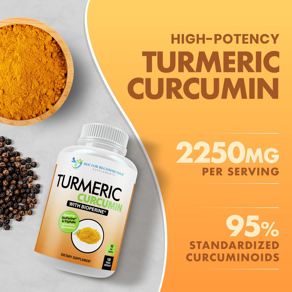 DOCTOR RECOMMENDED SUPPLEMENTS Turmeric capsules close-up showing 750 mg per cap