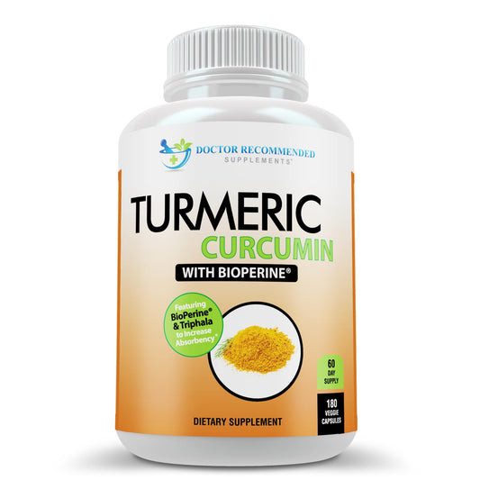 DOCTOR RECOMMENDED SUPPLEMENTS Turmeric Curcumin bottle closeup shows premium packaging for daily use