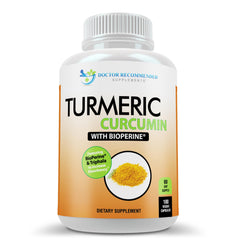 DOCTOR RECOMMENDED SUPPLEMENTS Turmeric Curcumin bottle closeup shows premium packaging for daily use