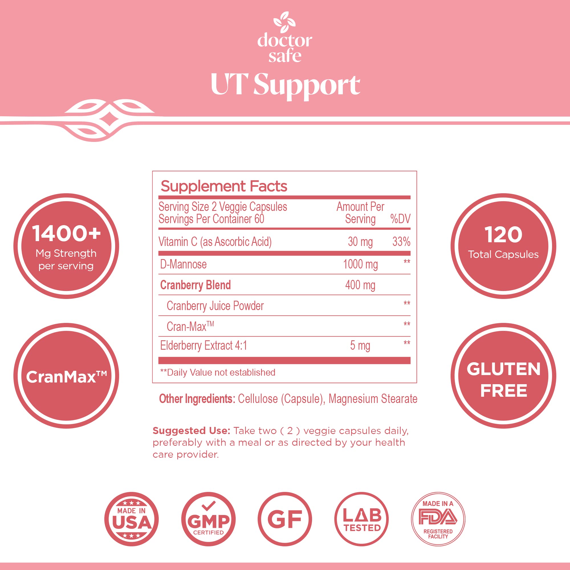 US-made product label on Doctor Safe supplement, third-party tested for quality.