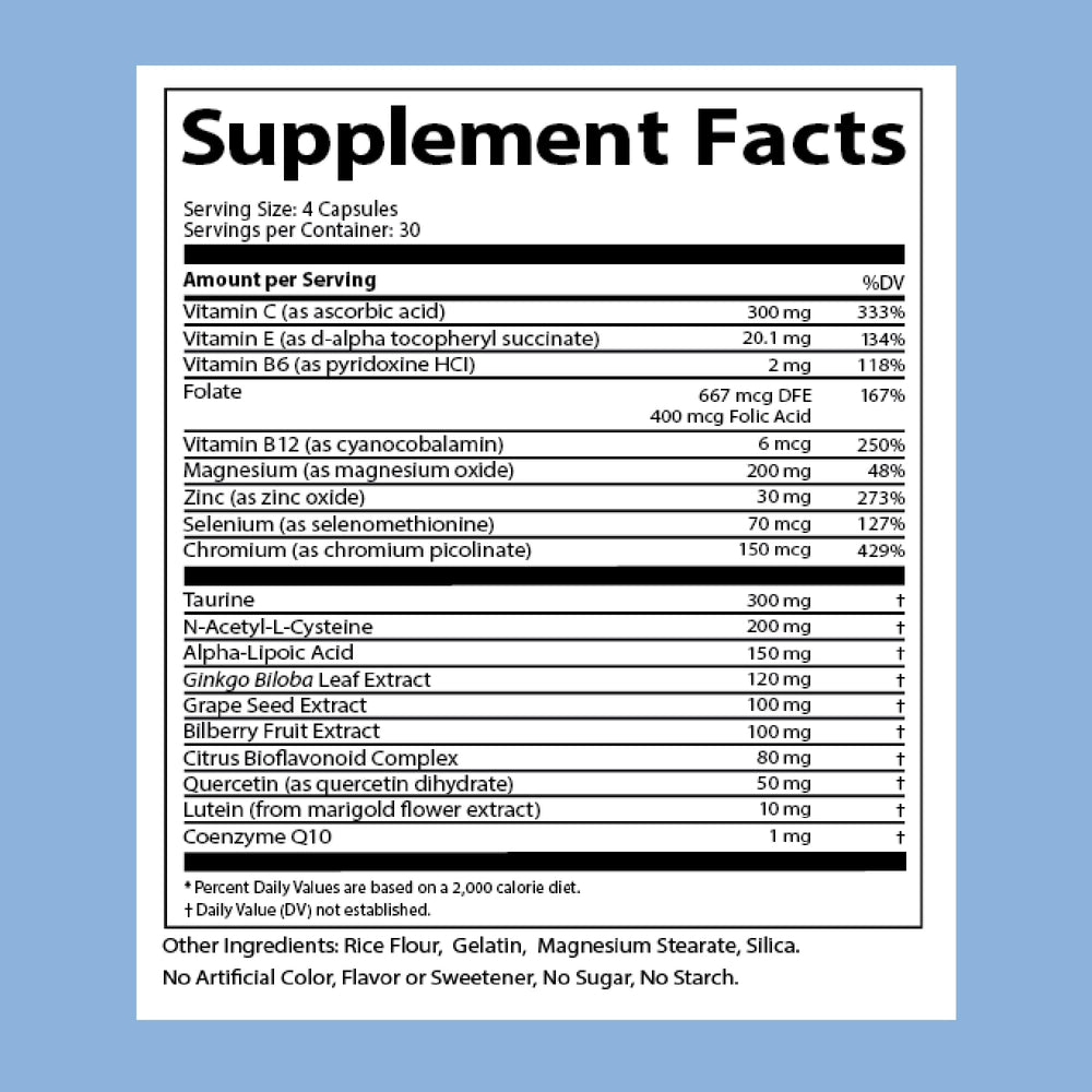 Doctor's Advantage CN2 bilberry and ginkgo blend close-up promotes ocular support.