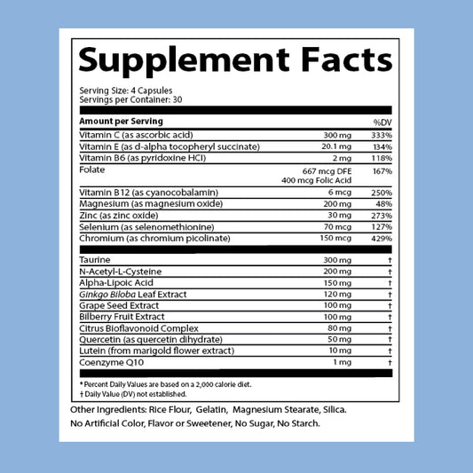 Doctor's Advantage CN2 bilberry and ginkgo blend close-up promotes ocular support.