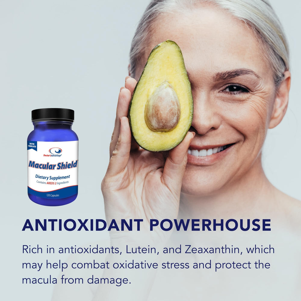 Close-up of Doctor's Advantage Macular Shield capsules highlighting AREDS2 ingredients for eye health