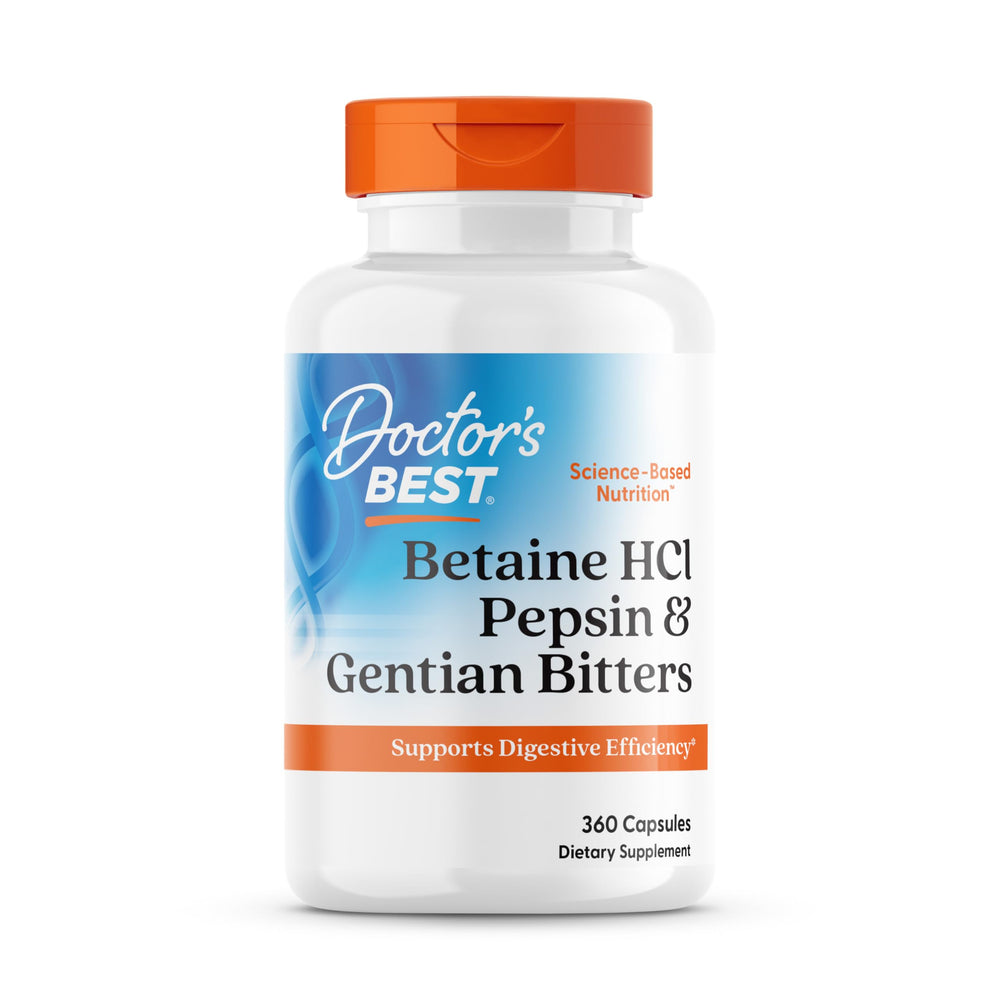 Doctors Best Betaine HCl Pepsin bottle front for digestive support.