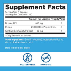 Doctors Best Betaine HCl Pepsin bottle label closeup.