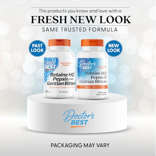 Doctors Best Betaine HCl Pepsin capsules closeup for protein digestion aid.