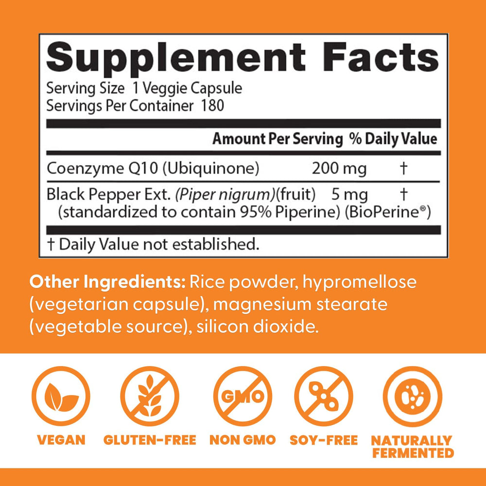 Doctor's Best CoQ10 bottle close-up of BioPerine label indicating absorption boost