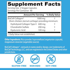BioCell Collagen composition on packaging shows collagen II, chondroitin sulfate, and hyaluronic acid.