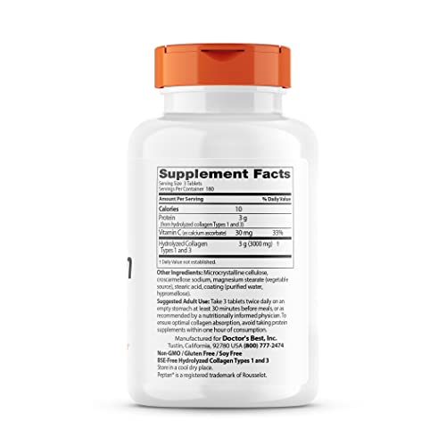 Doctor’s Best collagen types 1 and 3 tablets close-up showing pills that may support hair, skin, nails