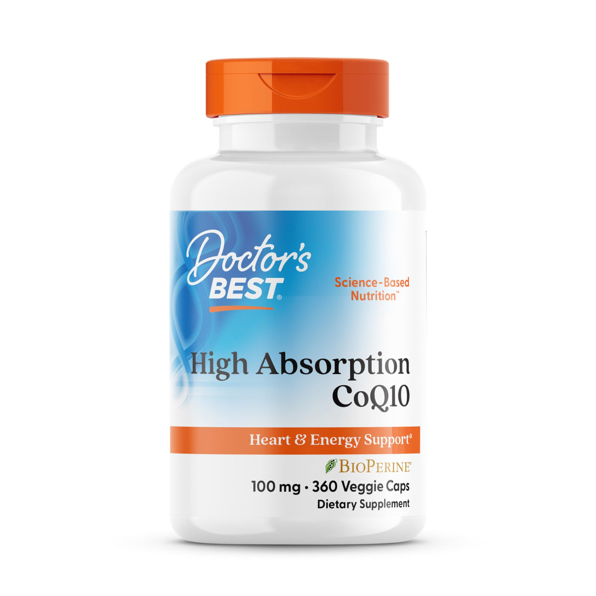 Doctor's Best CoQ10 100mg bottle front view highlights heart support potential.