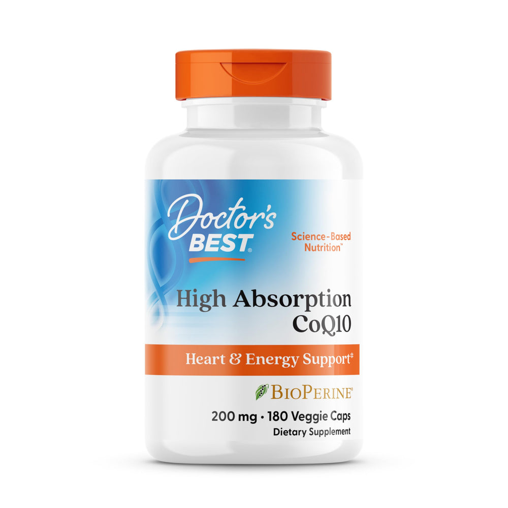 Doctor's Best CoQ10 200 mg bottle front view highlighting high absorption formula