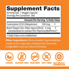 Doctor's Best CoQ10 360 veggie caps bottle label communicates non-GMO vegan benefits.