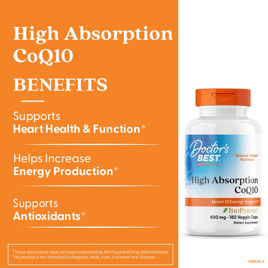 Doctor's Best CoQ10 with BioPerine close-up highlighting absorption-enhancing formula.
