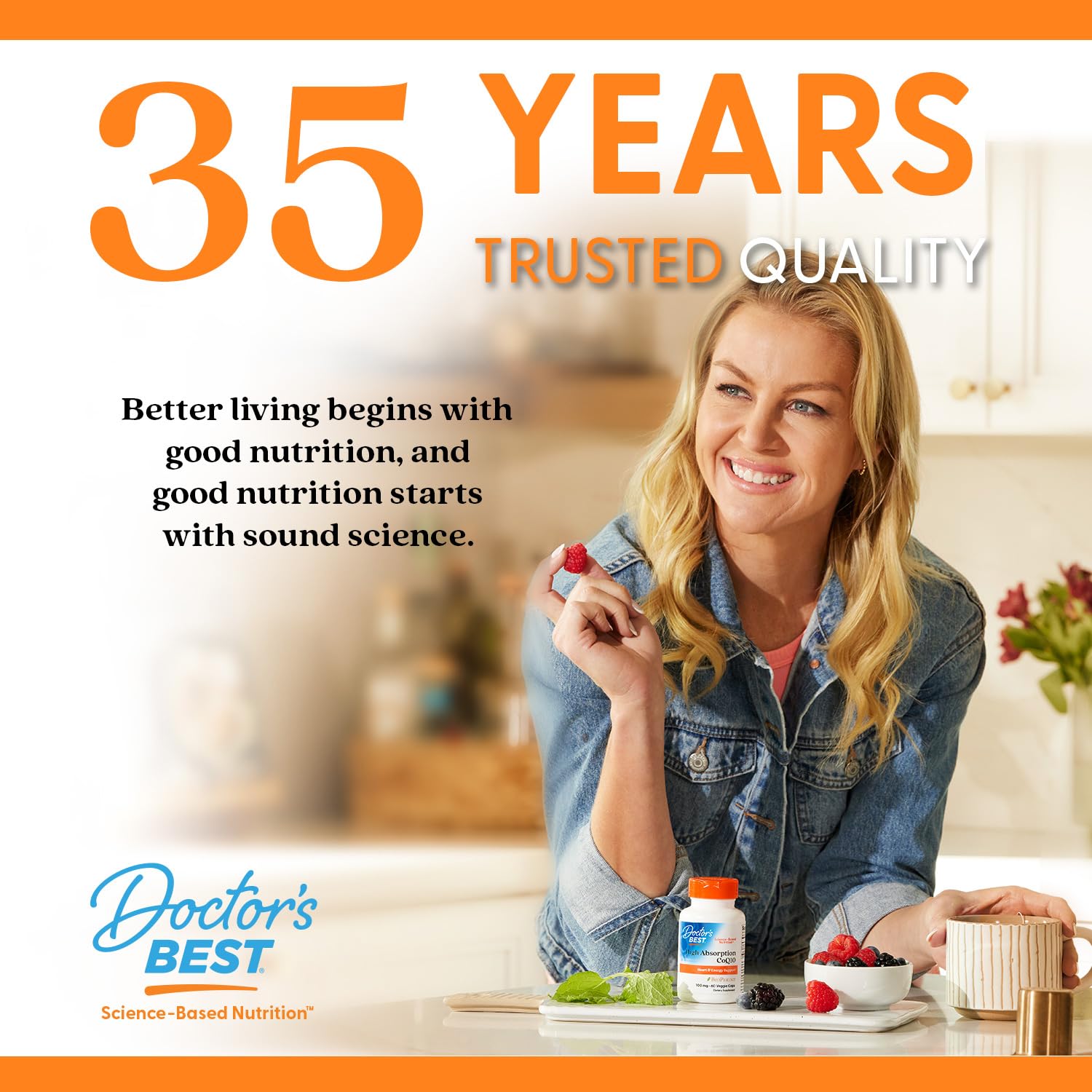 Doctor's Best CoQ10 capsules close-up showcasing smooth veggie caps.