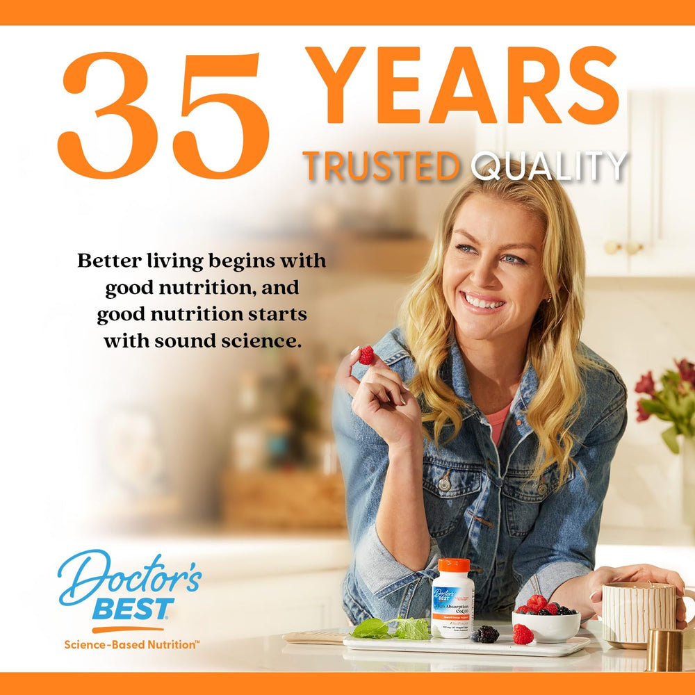 Doctor's Best CoQ10 capsules close-up showcasing smooth veggie caps.