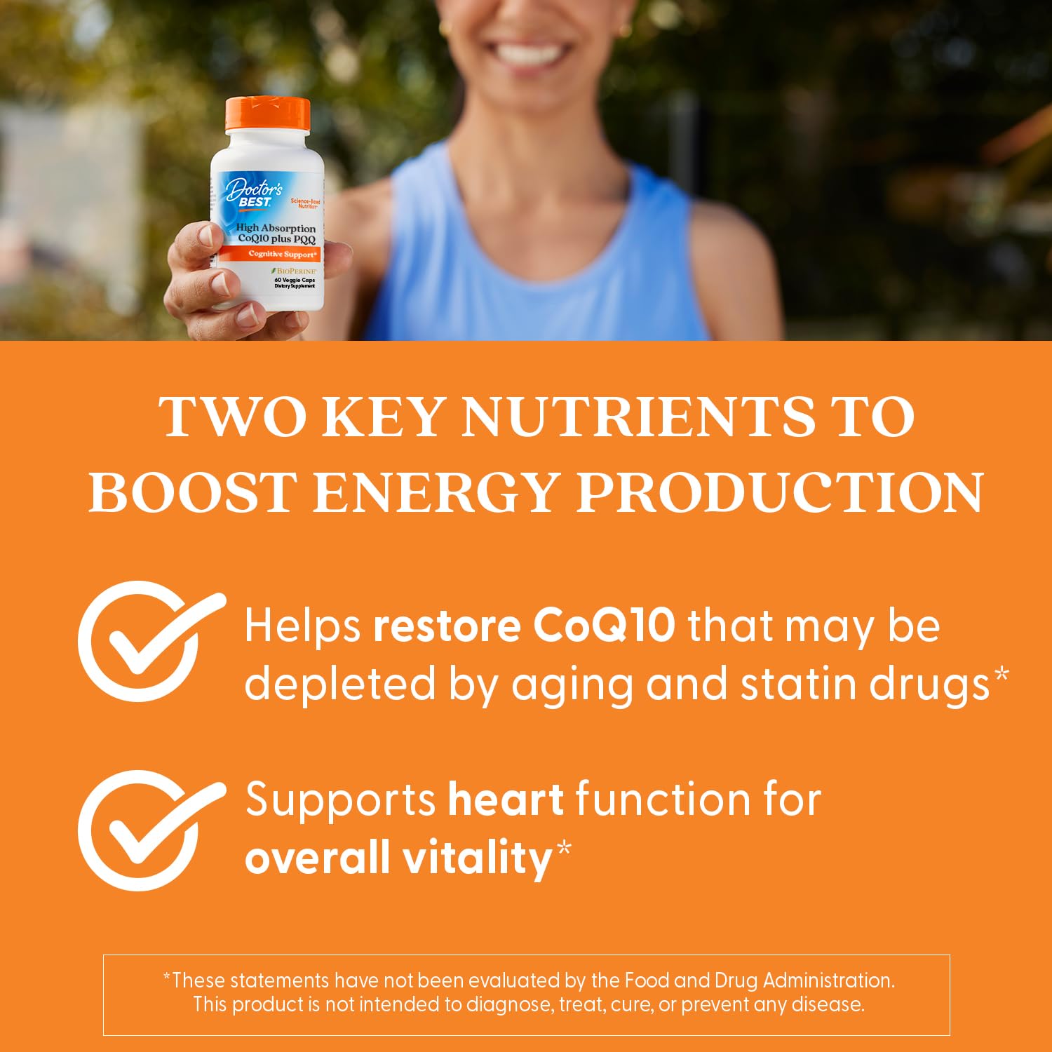 Doctor's Best CoQ10-PQQ bottle with water for easy daily regimen