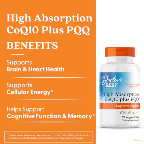 Doctor's Best CoQ10-PQQ capsules close-up emphasizing absorption benefits