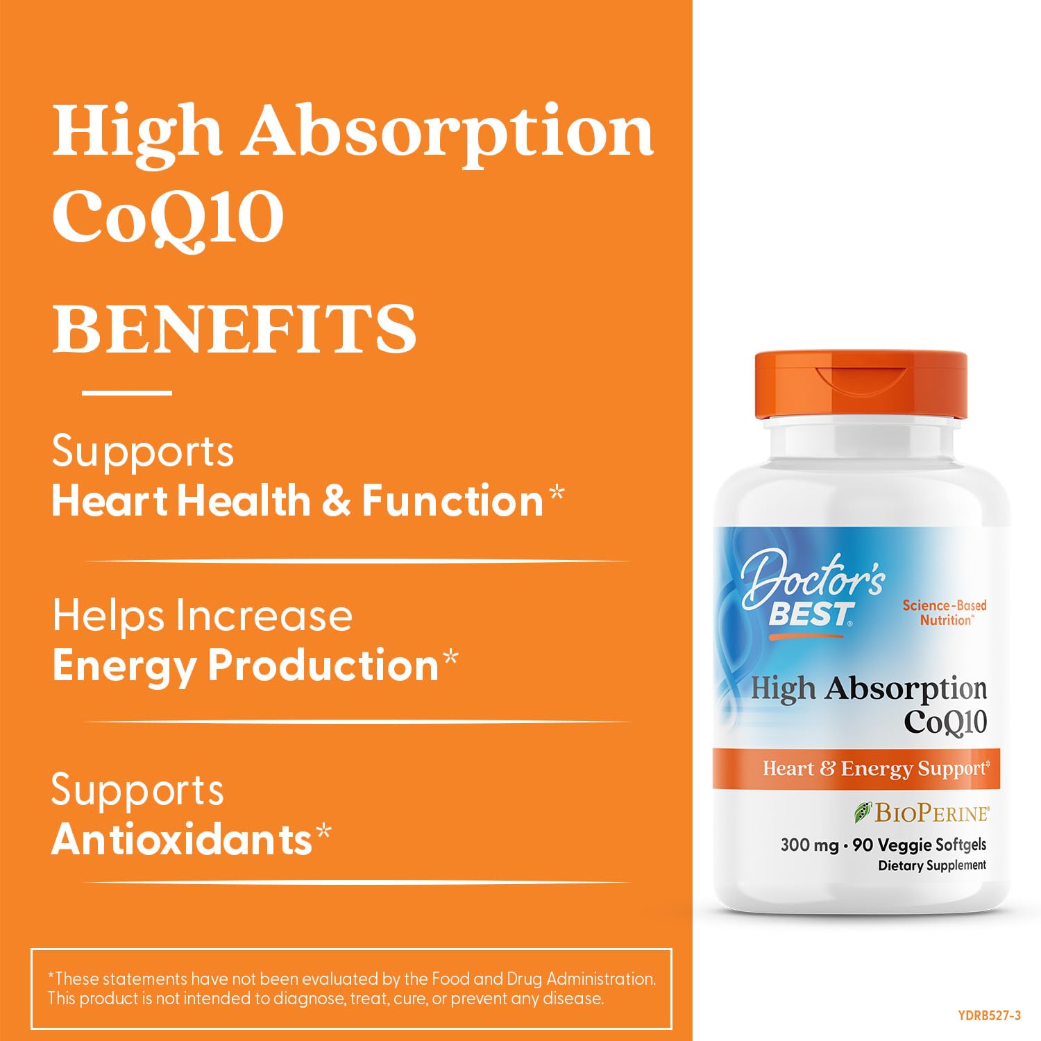 Closeup of Doctor's Best CoQ10 softgel capsules highlighting energy production support