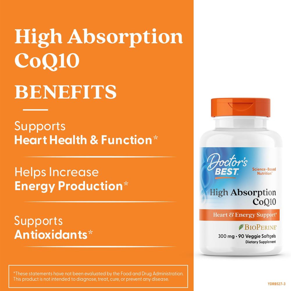 Closeup of Doctor's Best CoQ10 softgel capsules highlighting energy production support