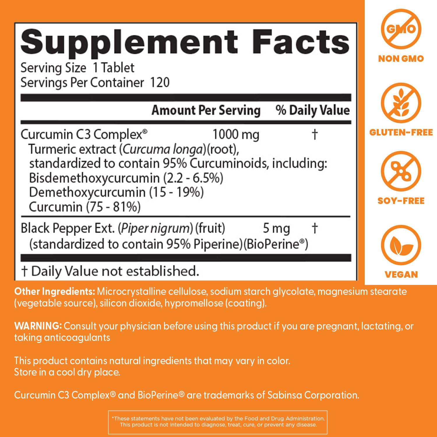 Doctor's Best Curcumin C3 Complex label close-up showing curcuminoids and BioPerine.