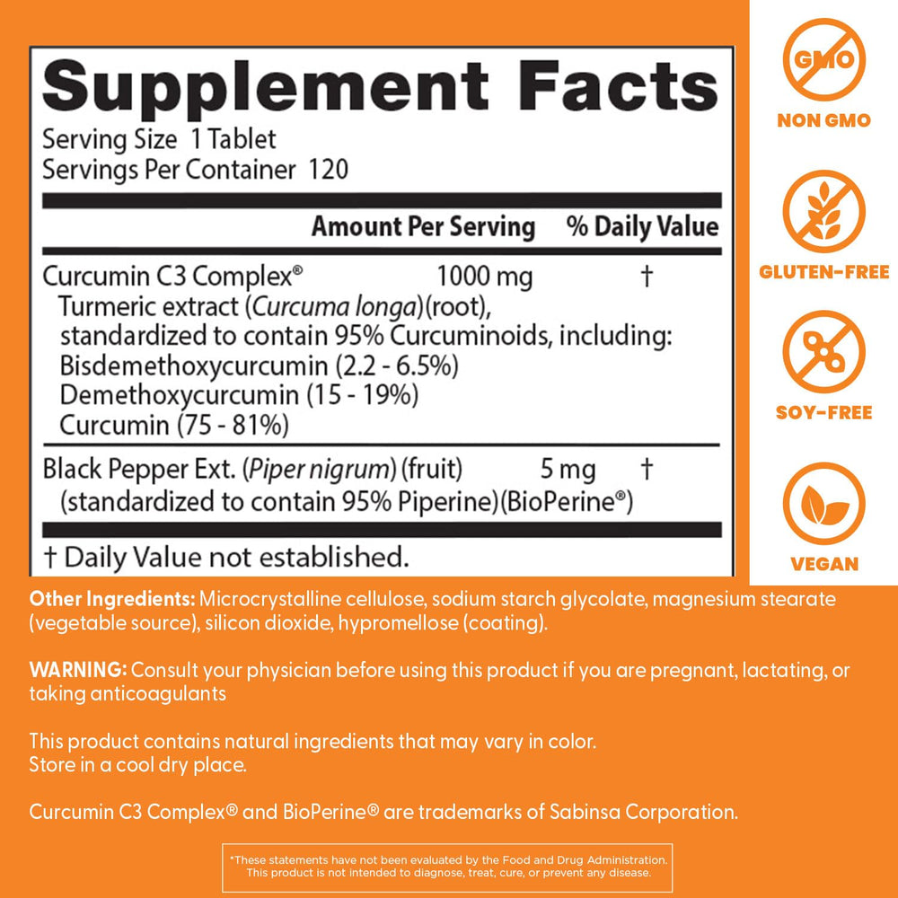 Doctor's Best Curcumin C3 Complex label close-up showing curcuminoids and BioPerine.