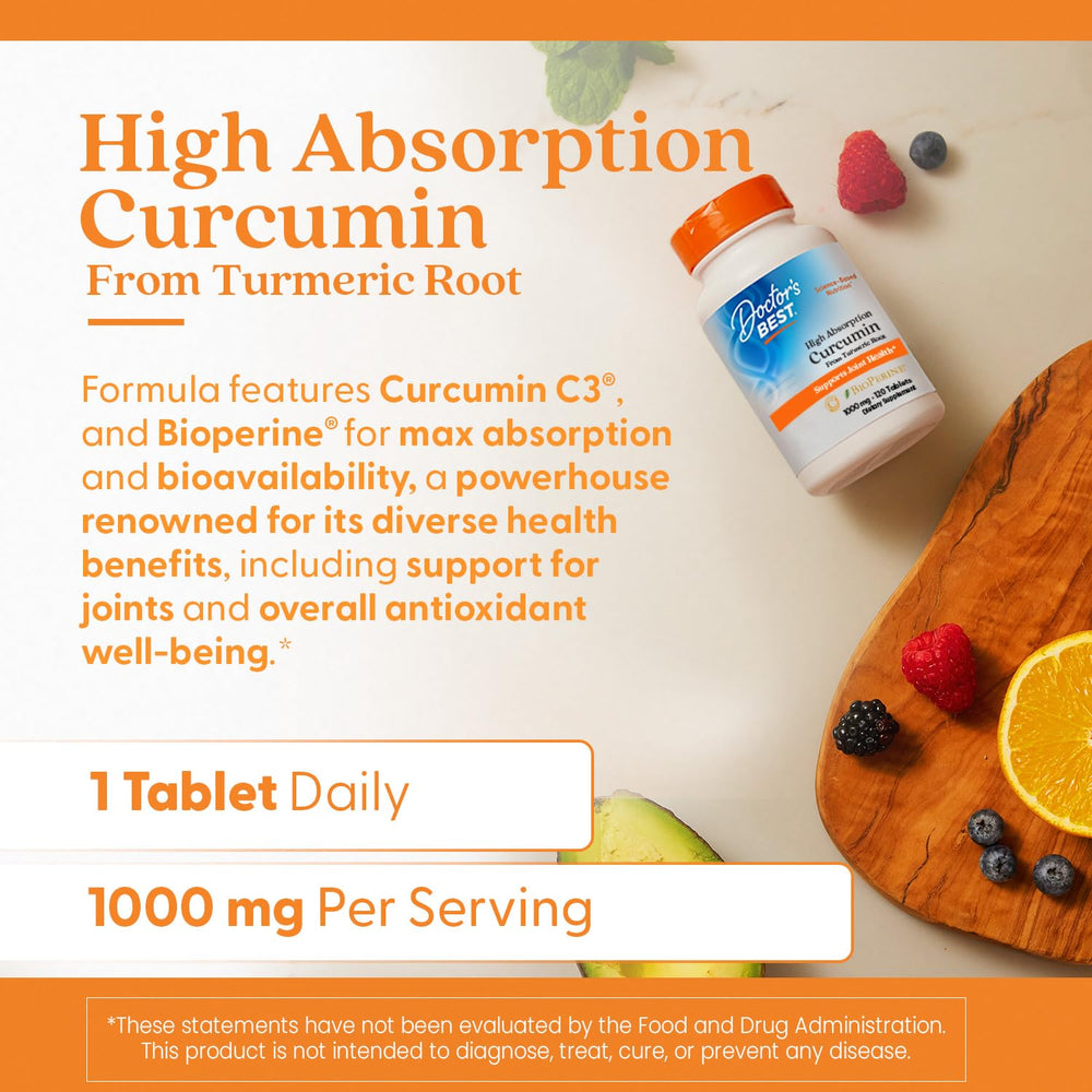 Doctor's Best Curcumin C3 Complex packaging box highlighting gluten-free, non-GMO formula.