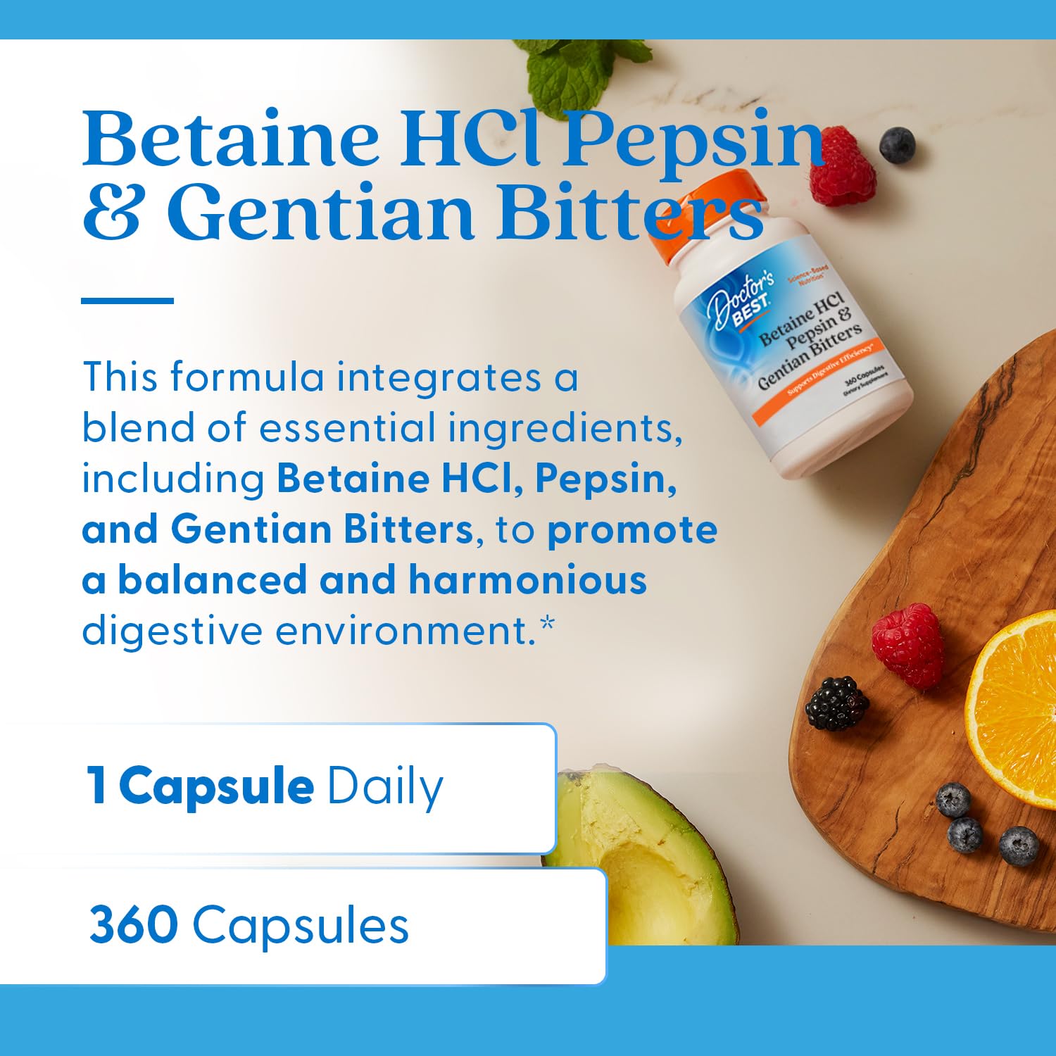 Doctors Best digestive enzymes capsules dispensing illustration.