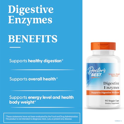 Doctors Best Digestive Enzymes label highlights key enzymes for vegetable and bean digestion.