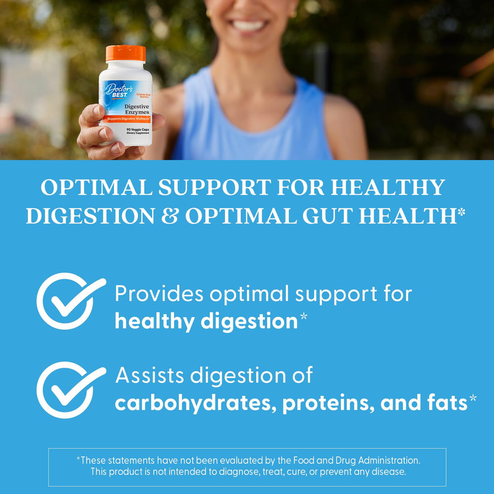 Doctor's Best packaging beside healthy foods highlighting broad enzyme coverage for meals.