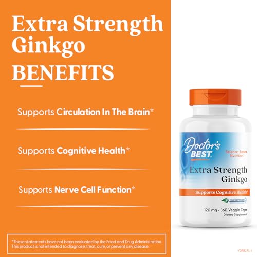 Close-up of Doctor's Best Ginkgo capsules highlighting antioxidant-rich formula.