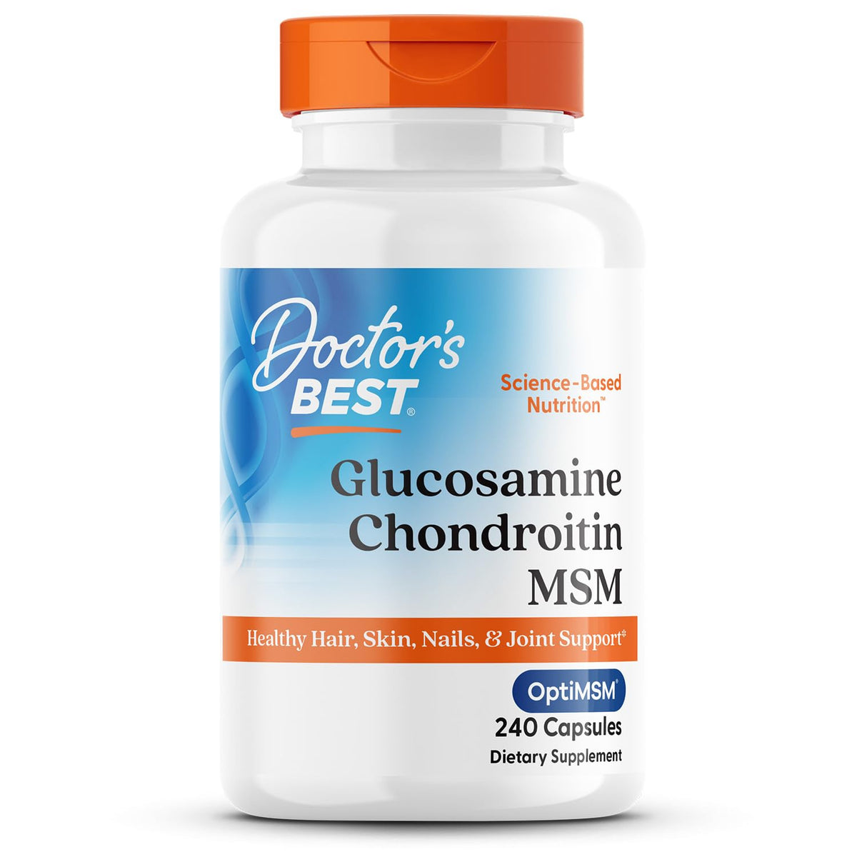 Doctor's Best Glucosamine Chondroitin MSM bottle close-up showing joint support potential