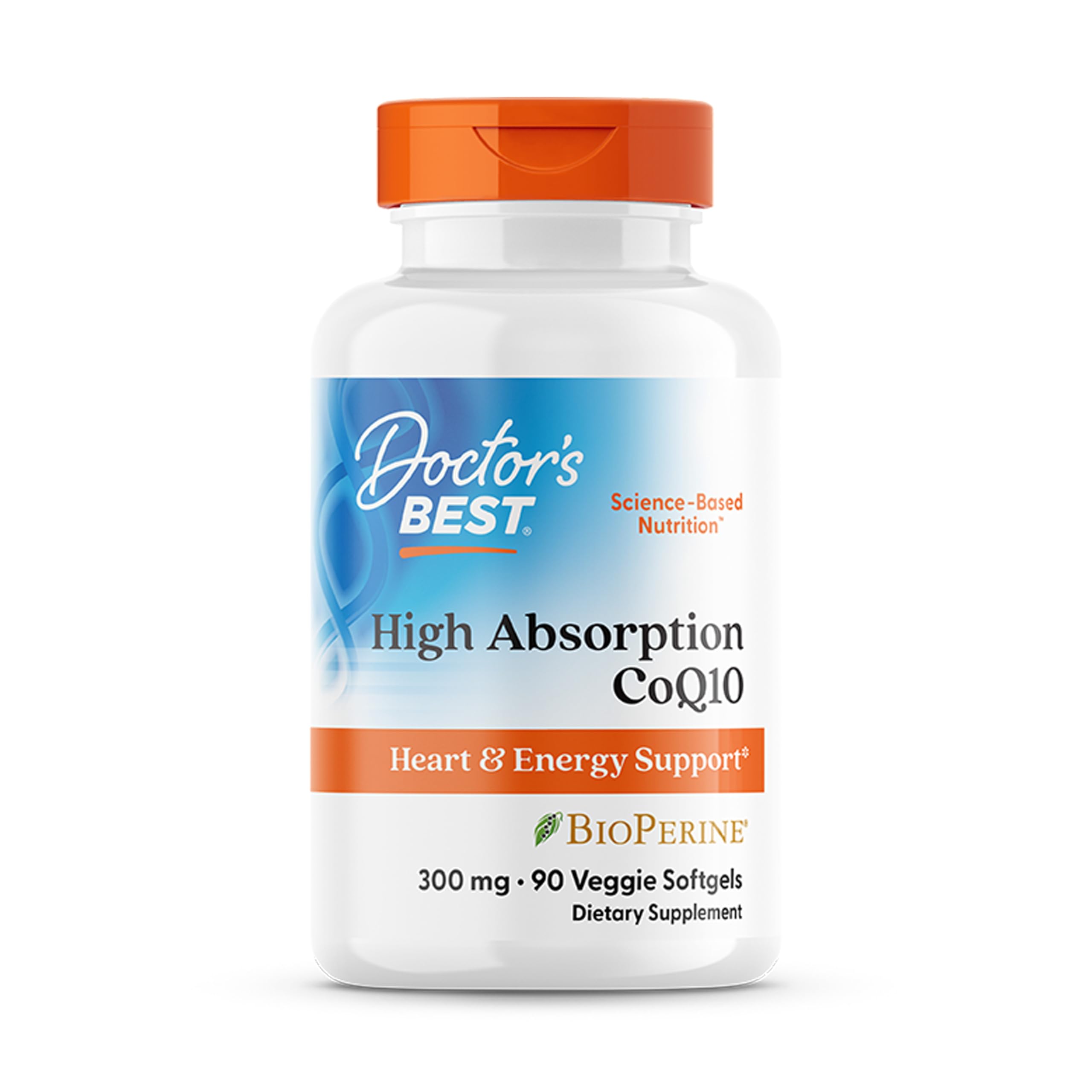 Doctor's Best high absorption CoQ10 softgel bottle for daily heart support and energy