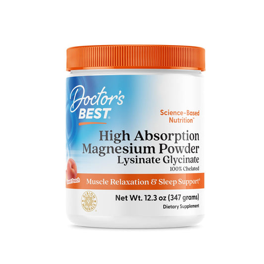Doctor's Best high absorption magnesium powder peach bottle front showing label for easy daily use.
