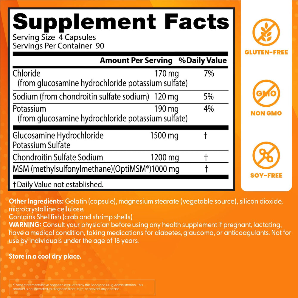 Label close-up showing 1500 mg glucosamine per serving